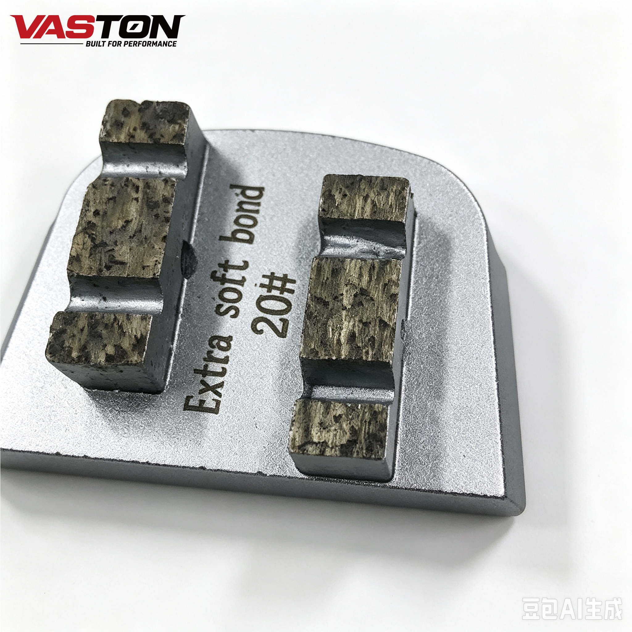 Close‑up view of double diamond segments, extra‑soft metal bond, 20 grit grinding block