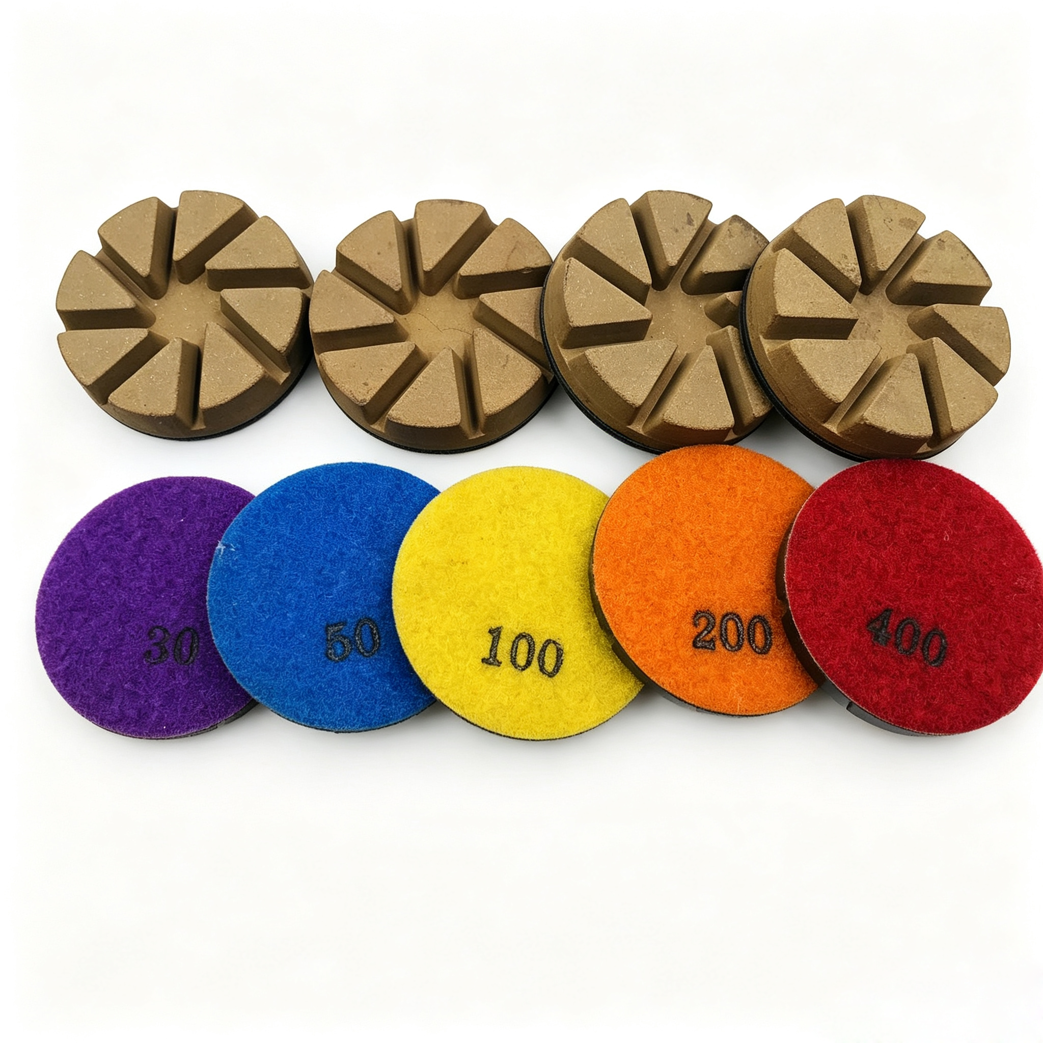 Hybrid diamond pads available in different grit sizes for floor polishing stages