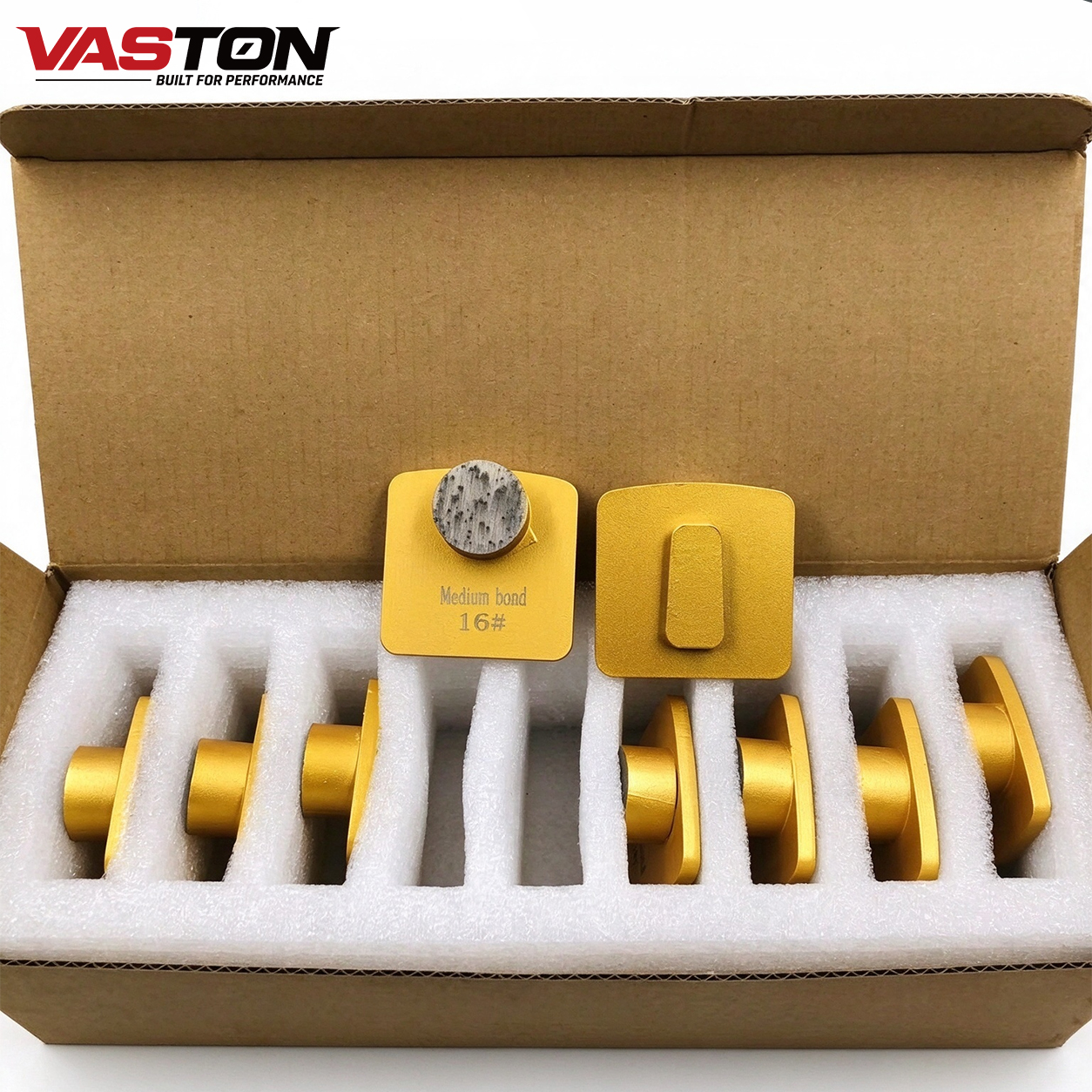 Pack of Redi Lock round button diamond grinding shoes in foam packaging